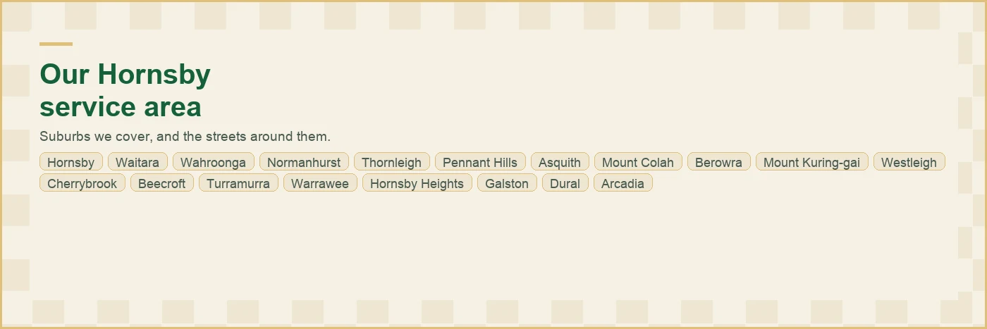 The Hornsby plumbing service area, listing the suburbs we cover: Hornsby, Waitara, Wahroonga, Normanhurst out to Thornleigh, Pennant Hills, Asquith and more